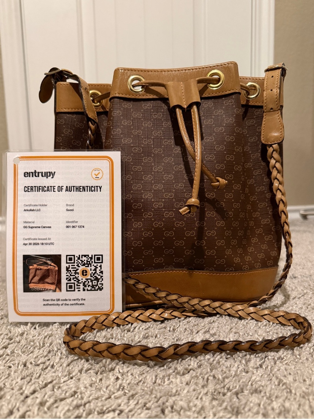 Gucci Brown GG Supreme Bucket Crossbody with Braided Strap - Picture 1 of 8